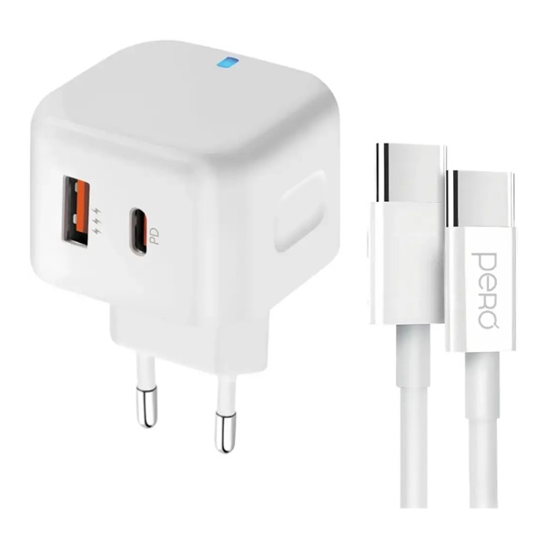 СЗУ PERO TC10 USB-C 20W + USB-А Fast Charge с кабелем USB-C, белый